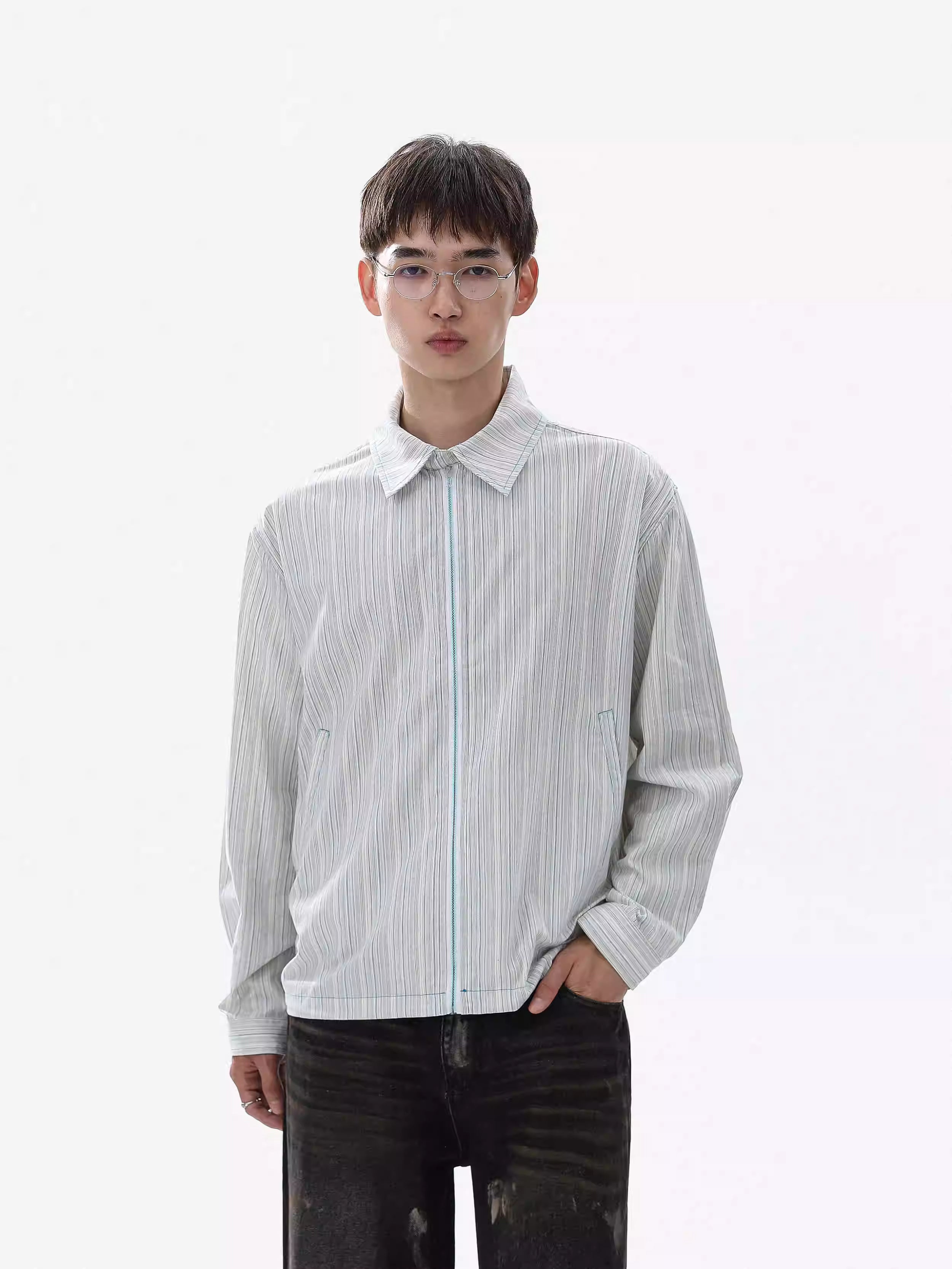 Striated Texture Zip-Front Long-Sleeve Shirt