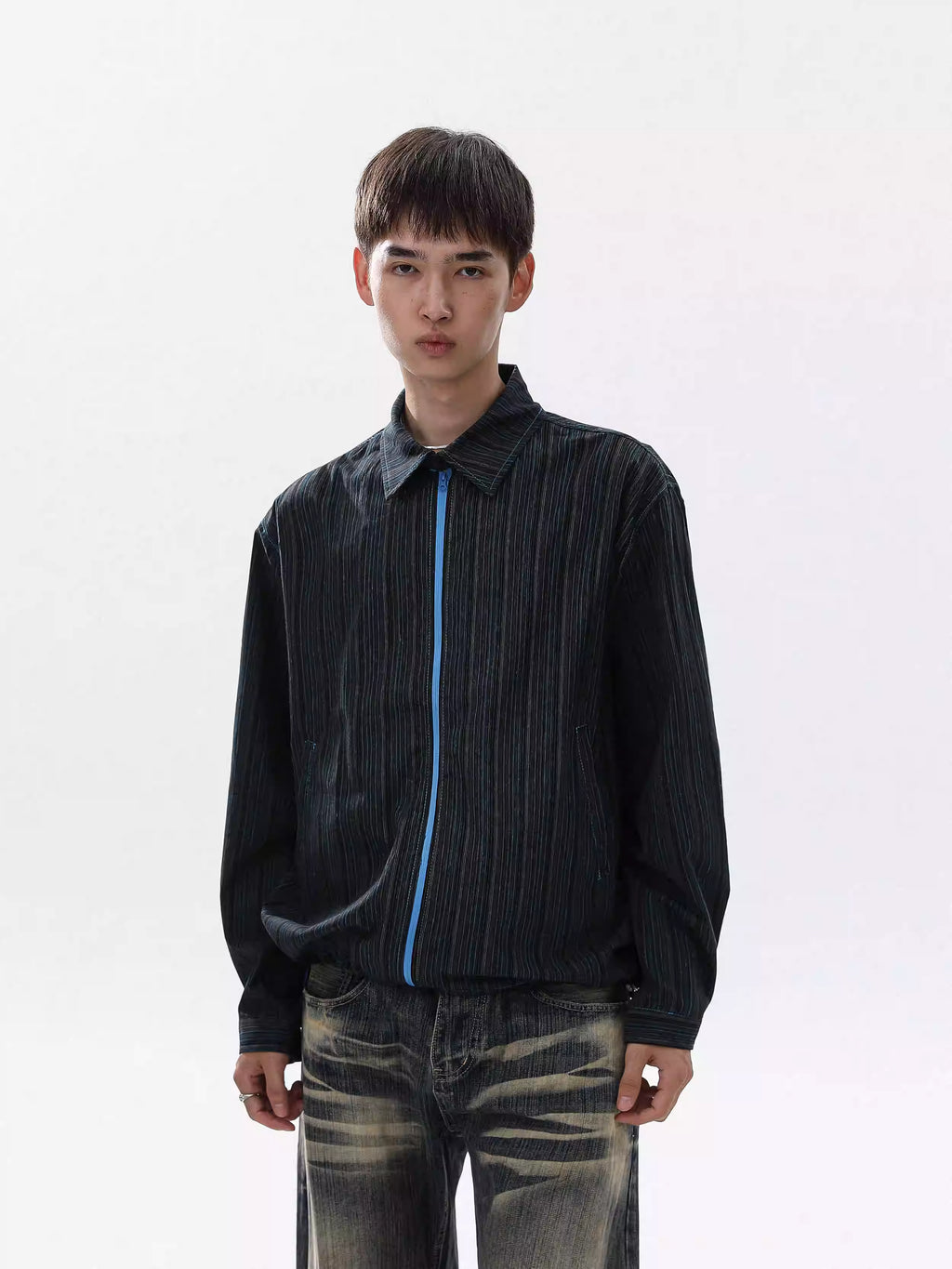 Striated Texture Zip-Front Long-Sleeve Shirt