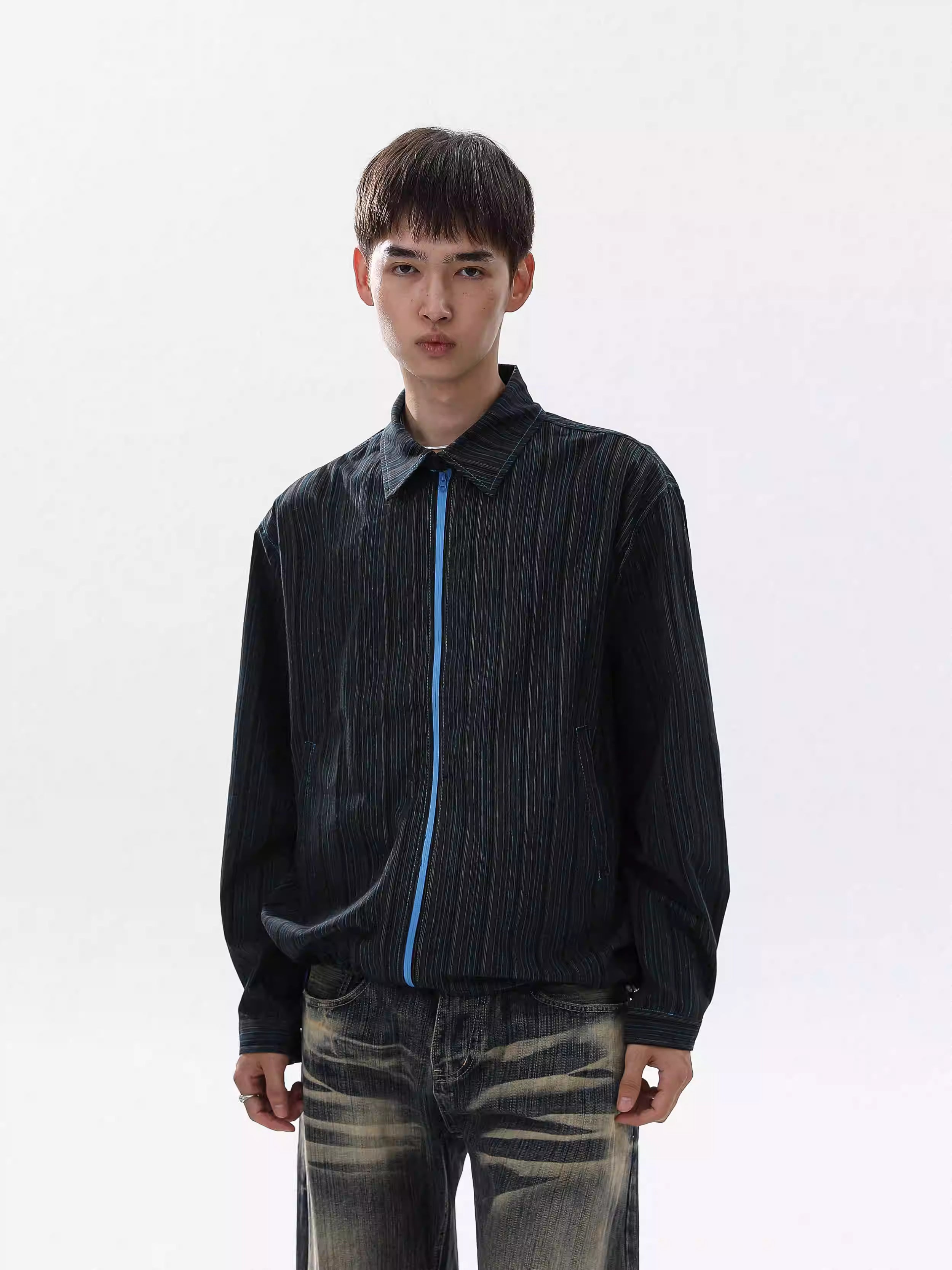 Striated Texture Zip-Front Long-Sleeve Shirt