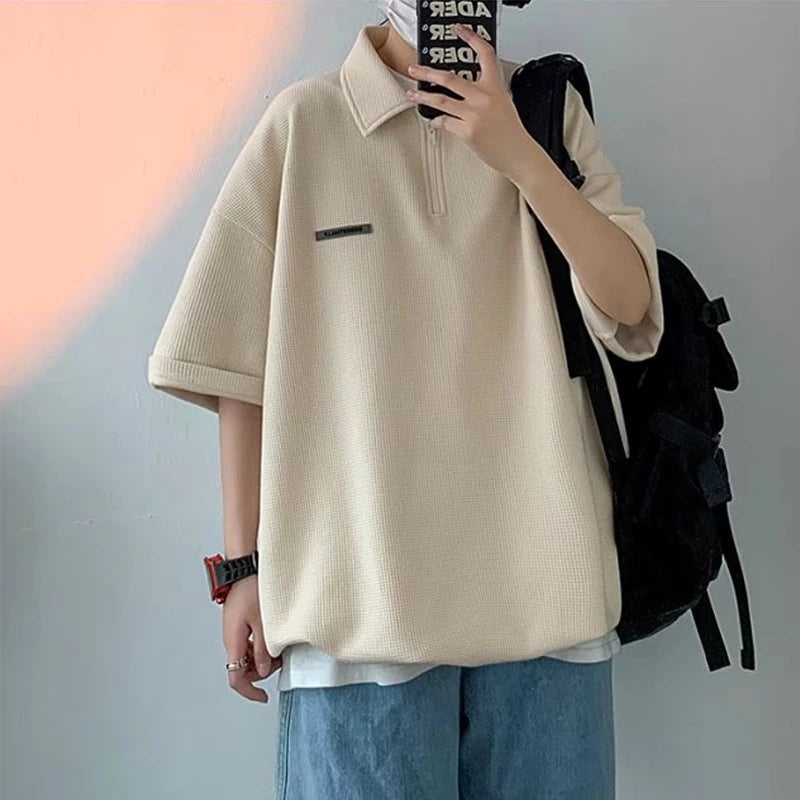 Oversized Waffle Knit Quarter-Zip Polo