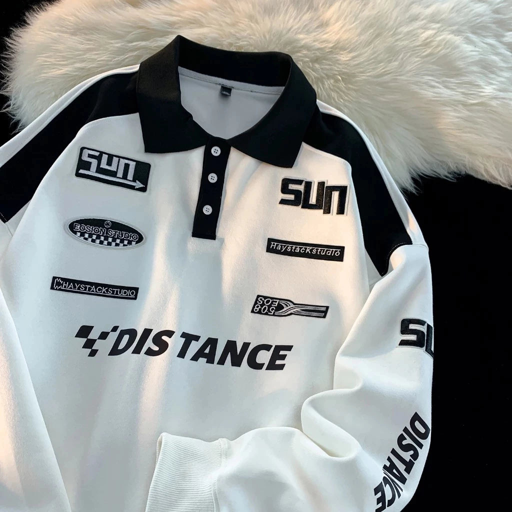 Race Day Contrast Panel Patch Polo Sweatshirt