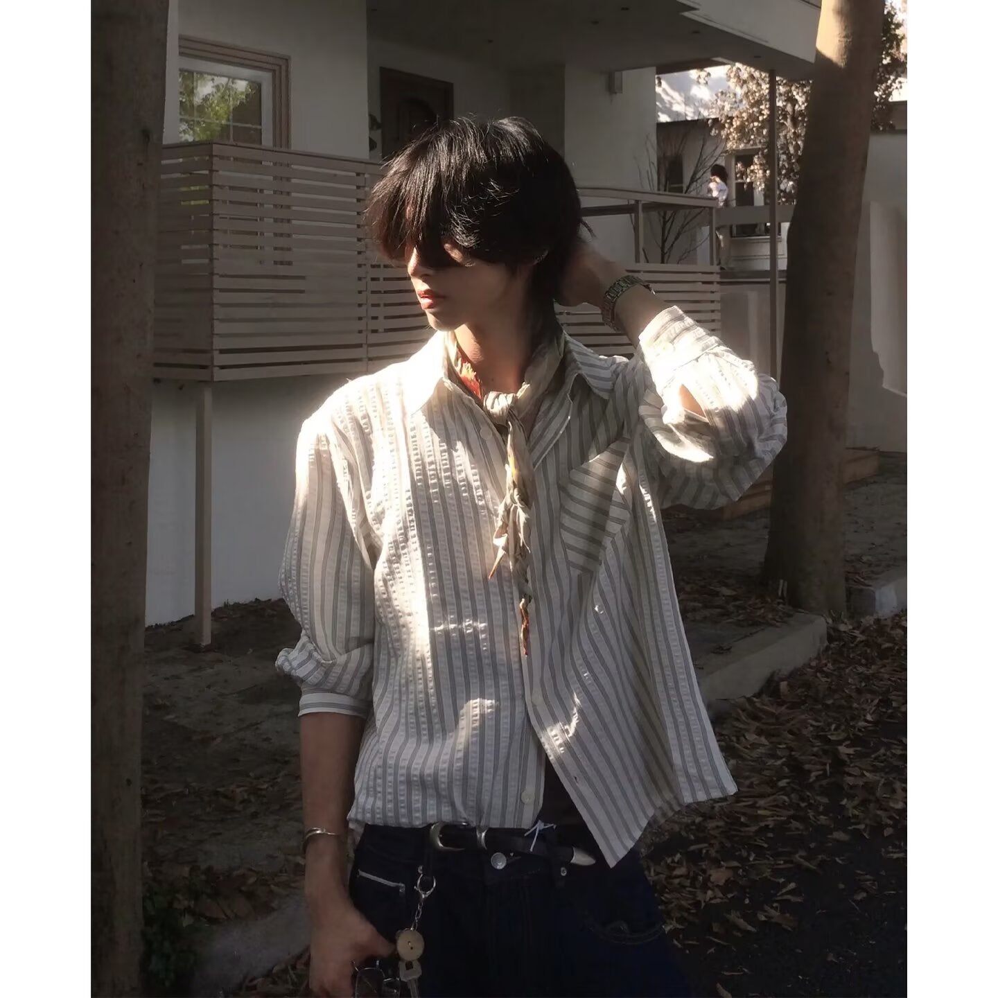 Textured Oversized Striped Button-Down Shirt