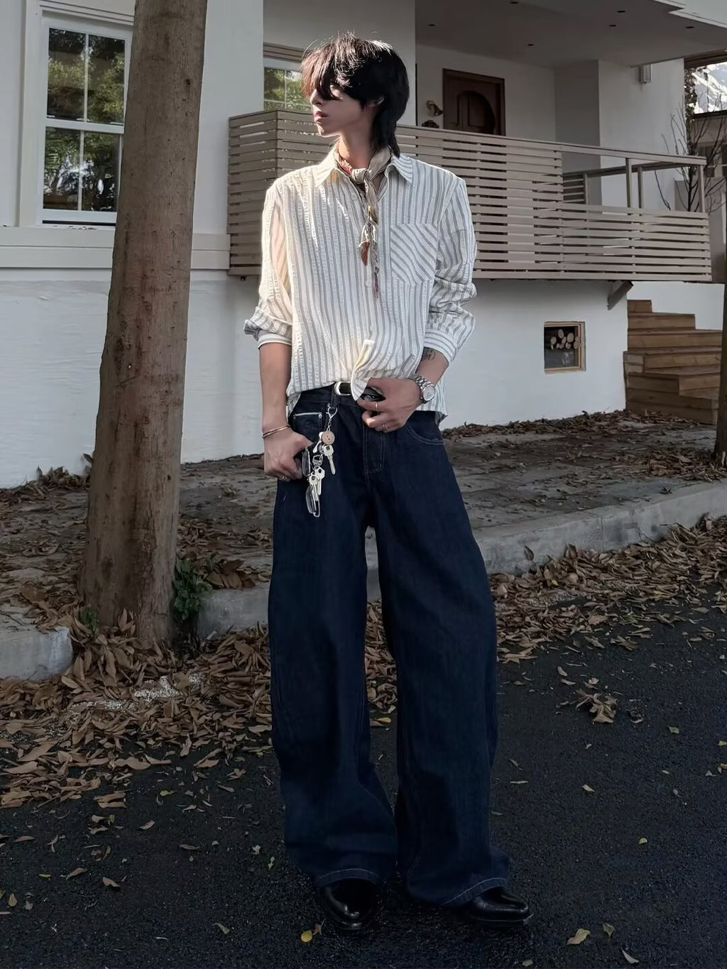 Textured Oversized Striped Button-Down Shirt