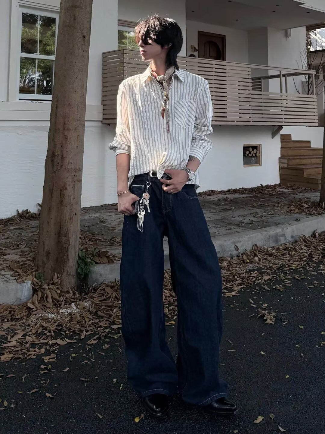 Textured Oversized Striped Button-Down Shirt