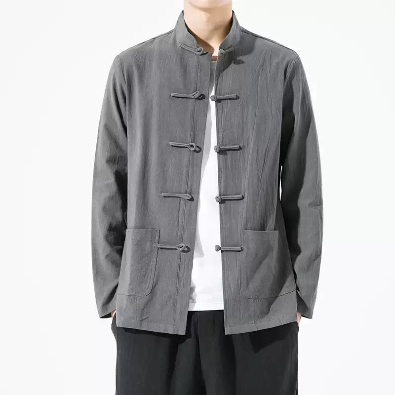 Linen-Blend Mandarin Collar Jacket