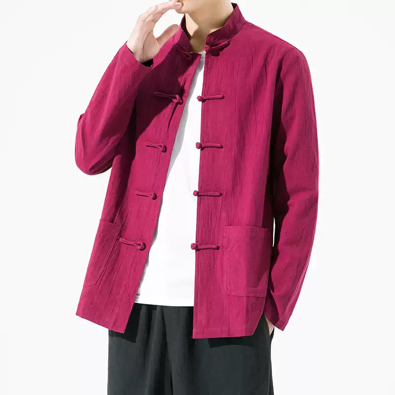 Linen-Blend Mandarin Collar Jacket