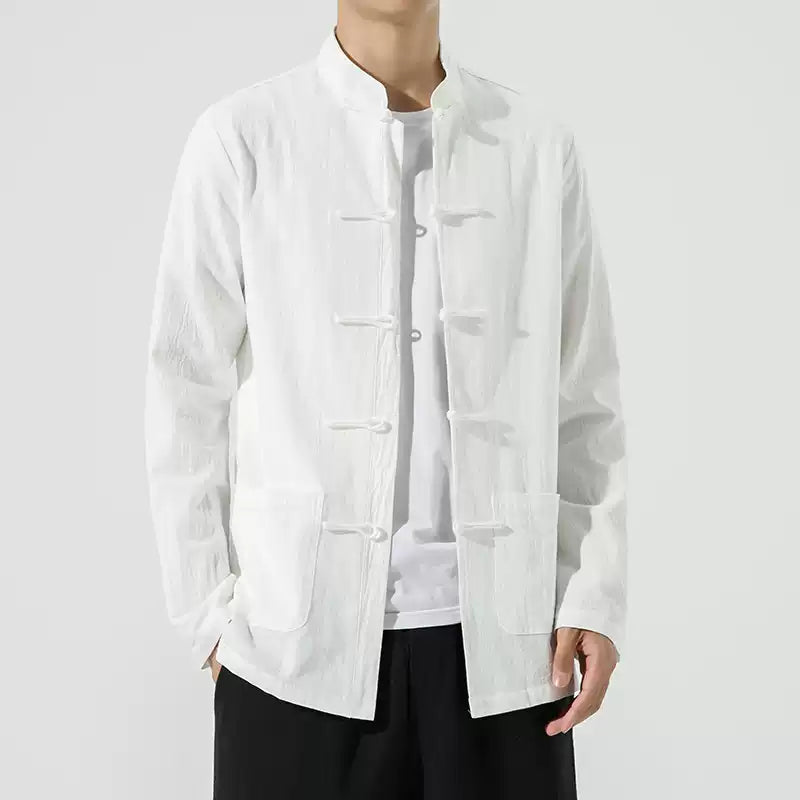 Linen-Blend Mandarin Collar Jacket