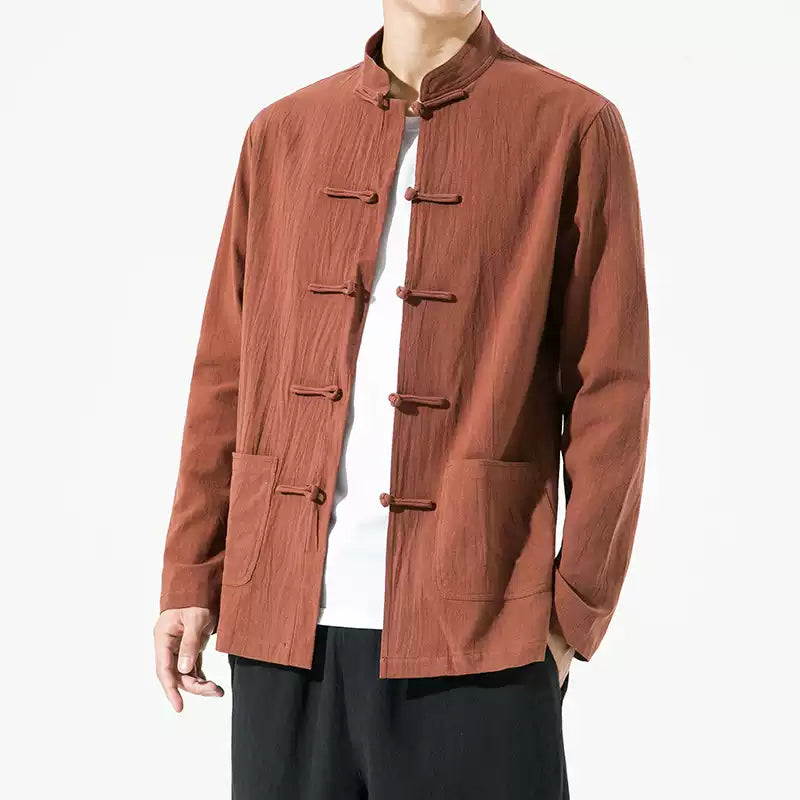 Linen-Blend Mandarin Collar Jacket