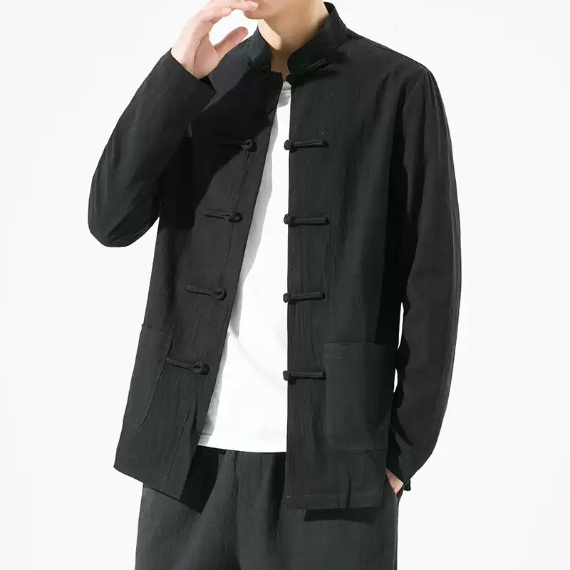 Linen-Blend Mandarin Collar Jacket