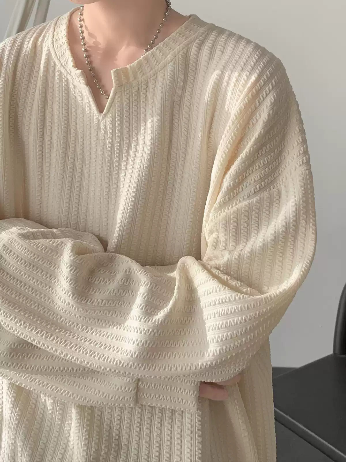 Textured Plissé V-Neck Long Sleeve Shirt