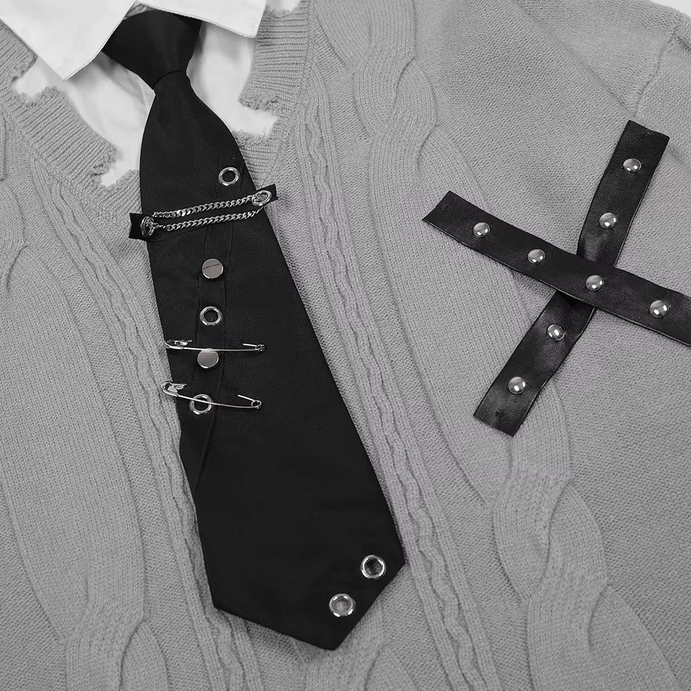 Edgy Distressed Tie Sweater
